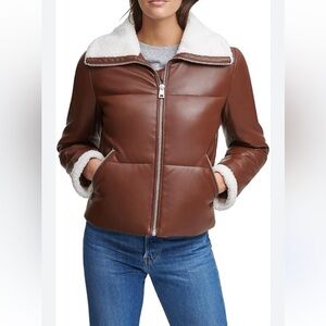Levi's Womens Breanna Faux Leather Puffer Jacket with Sherpa Lined Collar Sz XL